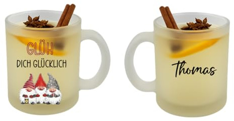 LaserGrote Personalisierte Glühweintasse | Glühweinbecher mit Namen und Motiv | Tolle Glastasse mit Wunschnamen und Weihnachtsmotiv (matt, Glüh dich glücklich)