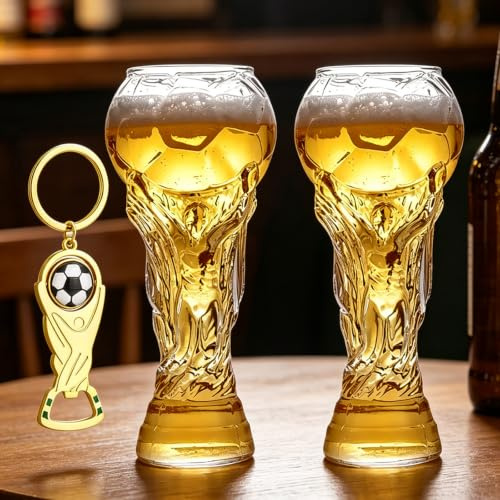 DXPETA World Cup Glass, World Cup Beer Glass Set with Football Opener, Trophy Design for Football Fans and Sports Bars, 450 ml Capacity, Two Glasses and One Opener