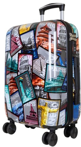 Trendyshop365 Polycarbonat Reisekoffer Trolley Hartschale - Design Weltreise Paris New York Athen Rio (Handgepäck) Mehrfarbig