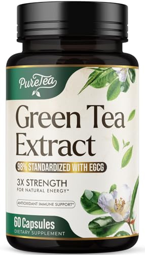 Green Tea Extract 1000mg Per Serving - 98% Polyphenols & 45% EGCG Capsules, Heart Support with Antioxidants - 3X Absorption Green Tea Pills Supplement, Natural Energy, Gentle Caffeine - 60 Capsules