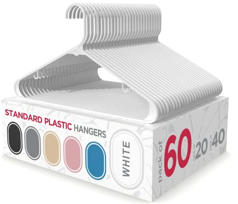Sharpty Plastic Clothes Hangers - Adult Plastic Hanger - Clothing Hangers - Standard Hangers for Clothes - Space Saving Hangers - Ideal for Shirt, Dresses, Coat Hangers (60-Pack, White)