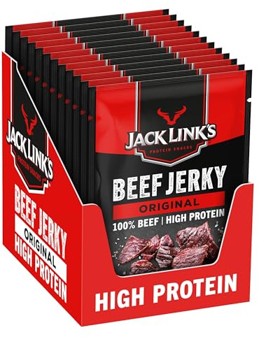 Jack Links Beef Jerky Original (12 x 40 g) - Viande séchée - Riche en protéine snack - Charcuterie - Viande de boeuf - Boeuf séché - En-cas hyperprotéinés à emporter ou à consommer en salle de sport
