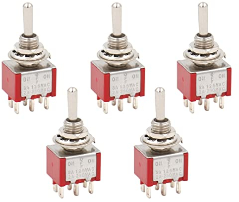 Heschen Mini Toggle Switch, MTS-223, (ON)-OFF-(ON) Momentary Type, DPDT, 6 Pin, 2A 250V, 5A 125V, Pack of 5