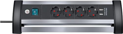 Brennenstuhl Alu-Office-Line Steckdosenleiste 4-Fach mit Schalter (Mehrfachsteckdose ideal für den Schreibtisch, 1,8m Kabel, 2-Fach USB 3,1 A, Made in Germany)