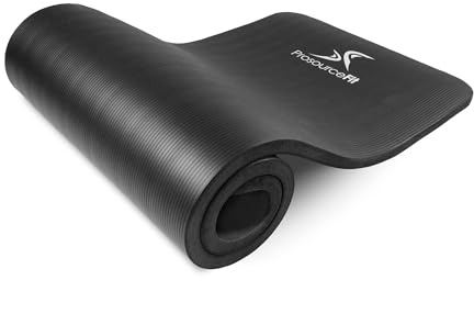 ProsourceFit Extra tjock yoga- och pilatesmatta 13 mm (1 mm) eller 25 mm (1 tum), 71 tum lång träningsmatta med hög densitet med komfortskum och bärrem, svart