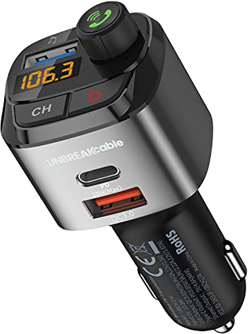 UNBREAKcable Bluetooth FM Transmitter Car Radio Adapter, Car Charger with PD3.0 and QC3.0 Charging Port, Bass Amplifier, Hands-Free Function, USB Port, Siri and Google Assistant Support