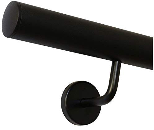 TIBU Handlauf Schwarz pulverbeschichtet V2A Edelstahl Geländer innen außen wetterfest beständig 160 cm mit 2 Halter und leicht gewölbte Kappe