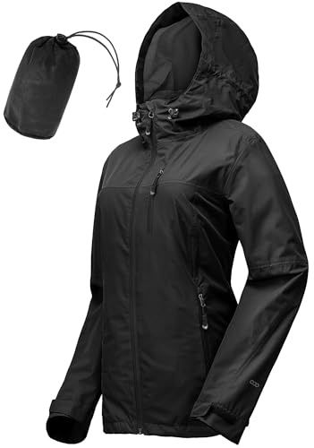 33,000ft Regenjacke Damen Wasserdicht Outdoorjacke Atmungsaktiv Herbst Übergangsjacke Leichte Jacke mit Kapuze Windbreaker zum Wandern Reisen Treking Fahrrad schwarz 36