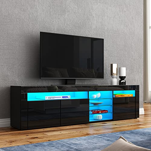 AWOOOD 1800mm LED TV Cabinet Modern High Gloss TV Stand Storage Unit with 3 Doors & Glass Shelves Sideboard for Living Room Bedroom Furniture, Black