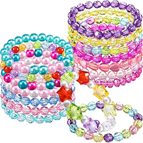 Junkin 16 Pcs Kids Bracelet for Girls Toddlers Princess Bracelets Bulk Cute Rainbow Bead Jewelry Little Girls Jewelry for Birthday Party Favors Gifts Princess Costume Supplies
