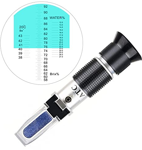 Brix Meter Refraktometer, LEERCHUANG Triple Scale Honey Tester (Wasserinhalt: 12-27%, Brix: 58-92%, Be': 38-43), Handheld Brix Refraktometer für Honig, Ahornsirup, Molasse & Bienenhaltung…