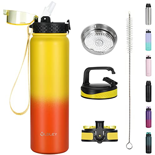 OLDLEY Stainless Steel Water Bottle with Straw 1L Vaccum Insulated Large Drink Flask Metal Water Bottles Leakproof Keep Drinks Hot Cold for Sports Gym Travel with Different Lids(Yellow Orange, 3 Lids)
