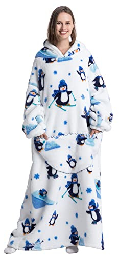 Seogva Extra lange tragbare Decke mit Kapuze, übergroßes Deckensweatshirt für Damen und Herren, super warmes und gemütliches Kapuzen-Sweatshirt mit Ärmeln und riesiger Tasche, Pinguine, One size