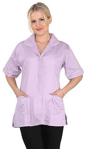 MyShoeStore Women's Healthcare Tunic Shirt with Front Zip, Rounded Collar and Contrast Piping for Medical Uniform, NHS Hospital, Doctor, Nurse Workwear, Lilac, 10