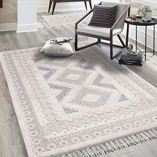 carpet city Teppich Wohnzimmer Boho-Stil Creme, Graublau - 120x170 cm - Bordüren-Look - Relief-Optik, 3D-Effekt - Cut-&Loop, Sisal - Moderne Fransen-Teppiche Schlafzimmer
