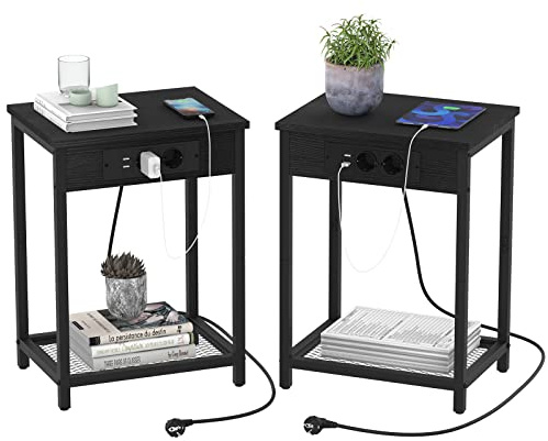 YBING Beistelltisch 2er-Set, Nachttisch mit Aufbewahrungsregalen, Betttisch Laptoptisch, Tischpltte aus Spanplatte, 2-Stöckiger Sofatisch Kaffeetisch für Schlafzimmer, Wohnzimmer, Modernes Schwarz