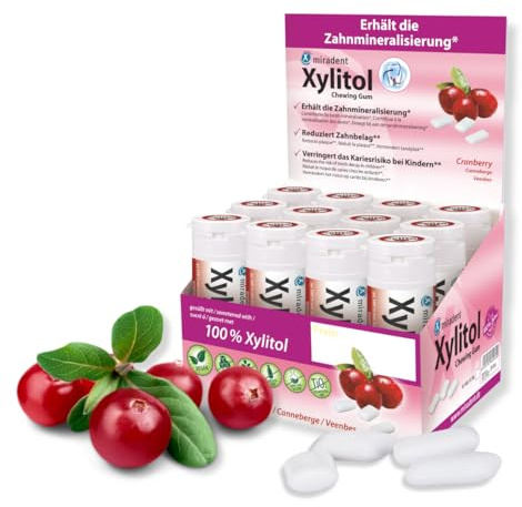 miradent Xylitol Zahnpflegekaugummi Cranberry Display 12 St. | fruchtiger Geschmack | zuckerfrei | vegan | kariespräventiv | für unterwegs