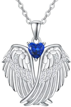 KINGWHYTE Collar de plata de ley con alas de ángel de la guarda con colgante de corazón y alas de circonita, Plata de ley, Circonita cúbica