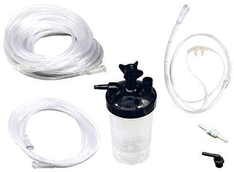 O2 - Sauerstoff Starterset für Sauerstoffkonzentratoren | Sprudelanfeuchter, Nasenbrille 30cm, O2 Schlauch 2,1m,O2 Schlauch 10m, 90° Konnektor