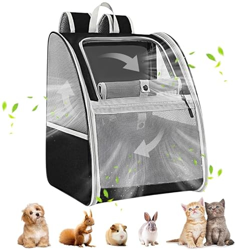 Pawaboo katzenrucksack, hunderucksack für Katzen Hunde Welpen mit Fenster, Haustier Rucksack cat Backpack Dog Backpack mit Atmungsaktivem Mesh für Wandern - Schwarz, Bis 10KG