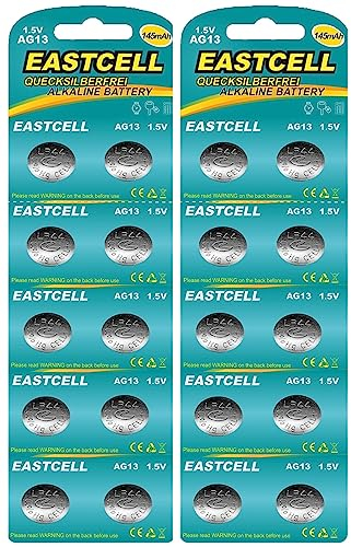 EASTCELL AG13 Knopfzelle (LR44 / A76), 20er Multipack (2X 10er Blister), 1.5V Alkaline Batterie mit max. 145 mAh für Spielzeug, Rechner, Laser – Hohe Kapazität