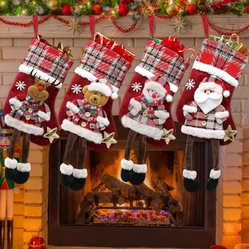 Riisoyu Chaussettes de Noël, 4 pièces Chaussette de Noel Personnalisé Botte de Noël Suspendre Grande Taille Sac Cadeau Suspendue Bonbons pour Enfant Décorations Sapin de Noël Cheminée Escalier