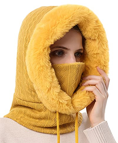 FEOYA 2 in 1 Wintermütze Damen Strickmütze Balaclava Mütze Stricken Winter Warme Fleece Mütze mit Fleecefutter Gestrickte Winddichte Mützen Kapuzen Schal Set Skimütze Frauen Sturmhaube Ski Beanie Gelb