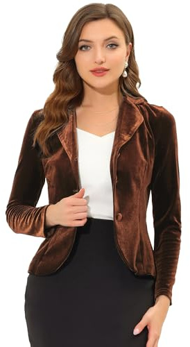 Allegra K Giacca da donna con risvolto dentellato, a maniche lunghe, in velluto, Marrone, M