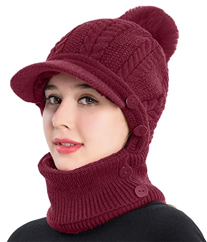 Rayson Kapuzenschal Damen Wintermütze mit Schirm Fleece Gefüttert Strickmützen 3 In 1 Verstellbarer Gesichtsschutz Balaclava für Damen(Burgunderrot, Einheitsgröße)