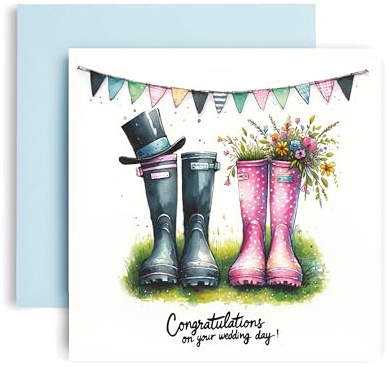Huxters Wedding Day Card for Couple - Mr and Mrs Greeting Card- Just Married Wellington Boots Card from Friends and Family - Wedding Congratulations Card 14.8cm