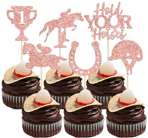 Gyufise 24Pcs Derby Cupcake Toppers Glitter Equestrian Horse Cake Decorations Horse Cupcake Picks for Sports Equestrian Theme Birthday Party Supplies Rose Gold