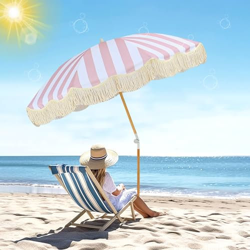 Ombrellone da spiaggia Ombrellone da spiaggia rosa con frange Ombrellone da patio da 5,9 piedi Protezione UV50+ Ombrello con frange da esterno con inclinazione Ombrello portatile con 8 stecche robust