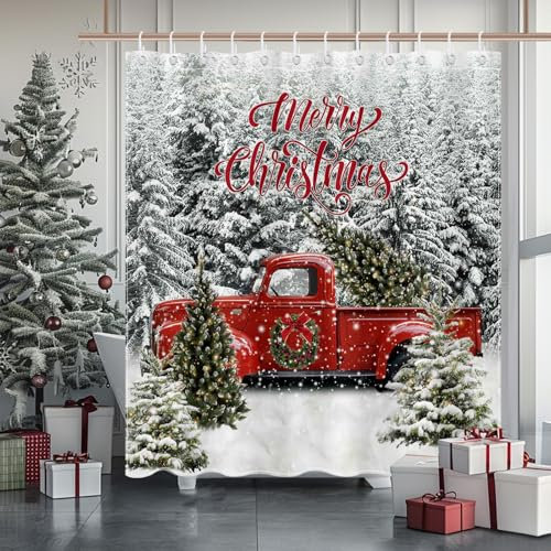 Avezano Merry Christmas Shower Curtain Vintage Red Truck Xmas Winter Snowy Forest Bathroom Shower Curtain Christmas Waterproof Bathtub Curtain Decor with 12 Hooks 72 X 72 Inches
