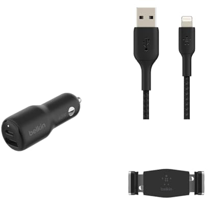 Belkin Premuim Car Bundle(42W Dual Port Fast Car Charger & USB-A to Lightning 1m Charging Cable & Vent Mount)