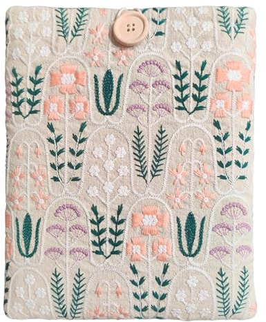 Zosiana Designs Floral Embroidered Canvas Book Sleeve - Elegant Book Cover, Padded Protector for Paperbacks & Hardcovers, Ideal for Book Lovers, Wooden Button (Garden)