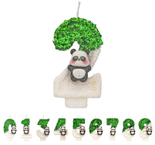 Panda Velas de cumpleaños con 2 números, 3D verde y blanco, 2 velas de cumpleaños para tartas, hechas a mano con purpurina brillante, decoración para tartas de cumpleaños, perfectas para fiestas de