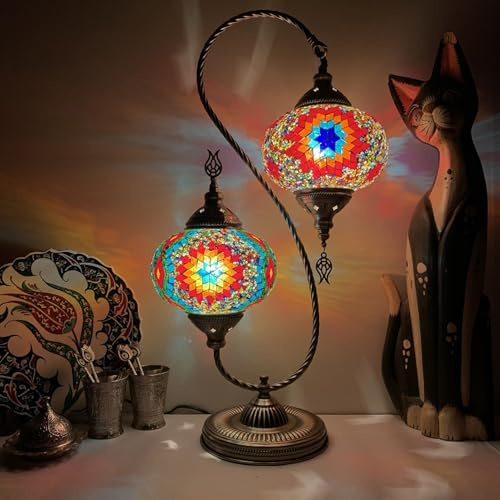 GDLight Türkische Mosaik-Tischlampen mit Schwanenhals und 2 Lichtern, Marokkanische Klassische Tischlampen mit Doppelkopf Handgefertigte Nachtlichter aus Glas für Schlafzimmer, Kinderzimmer, Café,A