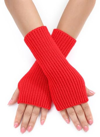 DINSOAVR Handschuhe für Mädchen, verlängerte Handgelenk-Handschuhe, gehäkelt, fingerlos, halber Finger, hält warme Fäustlinge für Erwachsene und Winter, rot, 20x7cm