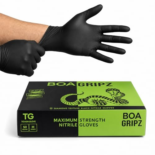 TG TOUGH GLOVE BOA Gripz (M) Nitrile Gloves (Pack Of 50) | Strong Black Disposable Gloves | Diamond Textured | Powder & Latex Free Strong Midweight Mechanic Industrial Glove