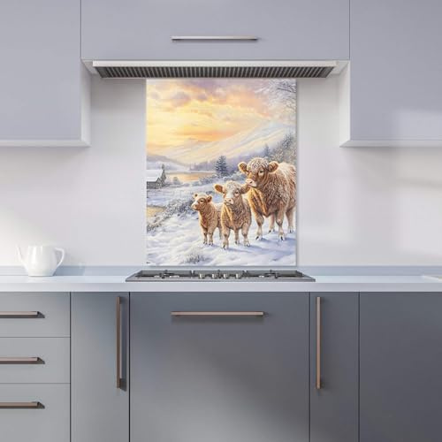 Warren Reed - Designer Premium Family Of Highland Cows Kitchen Splashback 6mm Toughened Glass Kitchen Splashback – Heat Resistant Splashback for Kitchens, Perfect for Cookers and Hobs, Polished Edges