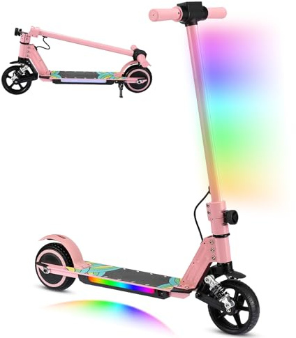 scoot4kids Elektroroller für Kinder, 6-12 Jahre, 130W, 14 km/h Höchstgeschwindigkeit, 8km Reichweite, Bunte LED-Leuchten, Faltbares, E-Scooter für Jungen und Madchen, Geschenk für Kinder