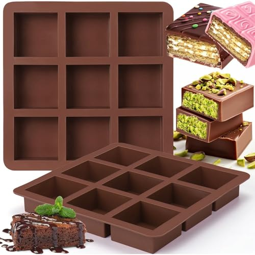 VICDUEKG Schokoladenform Silikon Tief, 2 Stück Dubai Schokolade Form Silikonform Extra Tief Schokoladentafel Form 9 Mulden Mini Brownie Backform für Schokolade Praline Cornbrot Käsekuchen (Braun)
