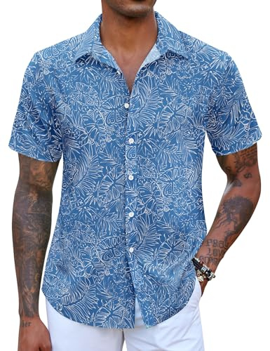 COOFANDY Camicia Hawaiana a Maniche Corte Camicie Estive da Uomo Camicia in Lino da Uomo Camicie da Spiaggia Blu S