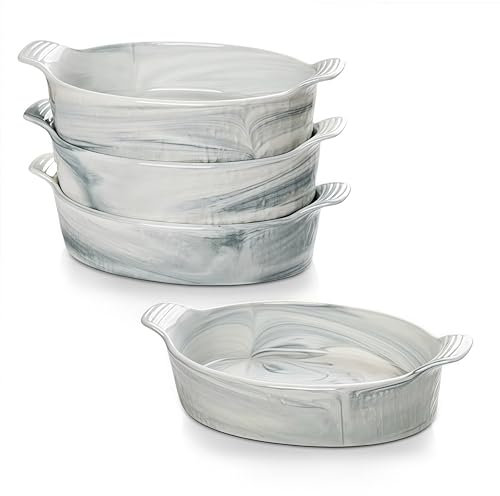 Oval Au Gratin Baking Dish Set of 4 Oven Safe Baking Dishes Heat Resistant Ceramic with Handles Ideal for Cooking and Serving Small Mini Casserole Dish 9 x 5 Inches 19 oz Marbled grey