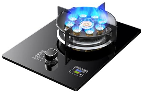 Cucina A Gas 1 Bruciatore, 5,2 KW, 9 Cavità, Fuoco Alto Temporizzato, Portapentole In Ghisa In Vetro Temperato Nero, Con Protezione Antispegnimento, Fornello Indipendente Da Campeggio All'aperto(LPG)