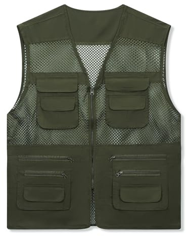 Wirltte Mens Fishing Vests Gilet Lightweight Outdoor Work Cargo Mesh Jacket With Multi Pockets Army Green XL