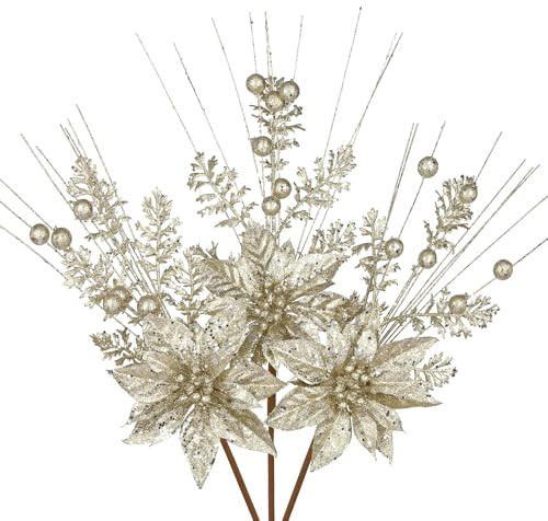 Oairse 3er-Set Künstlichen Weihnachtsblumen Glitzer Kunstzweig Weihnachten Deko für Weihnachtsbaum-DIY-Dekoration, Künstliche Blumen für Feiertage, Esstisch-Mittelstück, Sekt