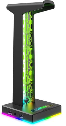 CQEAZ LED Gaming Headphone Stand Double USB Port 3.5mm Port 10 Lighting Effects Desktop Gaming Headsets Holder Hanger for Game Headphones Stand