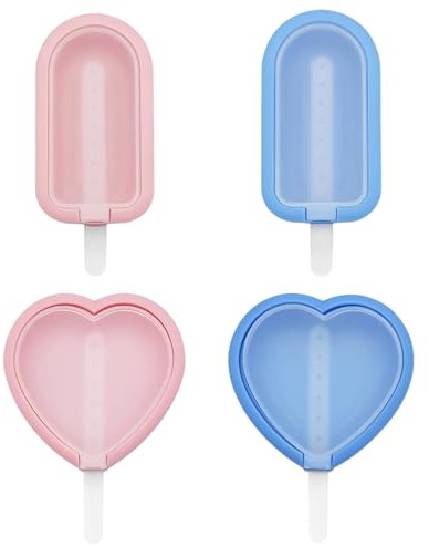 4Pcs Ice Lolly Moulds, Reusable Silicone Mould with Sticks, Easy to Use Ice Pop Mould Ideal for Homemade Desserts (Heart and Long Shape Moulds in Pink and Blue)