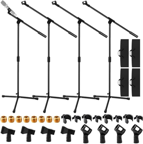 Relaxweex 4 Sets Mic Stand Adjustable Boom Arm Microphone Stand with Tripod Base Boom Microphone Stands Height Adjustable 32.7-90.5 Inch with Mic Clips 3/8-5/8 Adapter for Singing Performance Stage